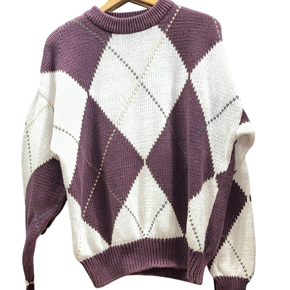 STRUCTURE 90s Mens Argyle Sweater Pullover Maroon Oversized Cotton Crewneck L